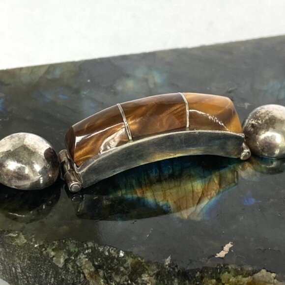 VTG Sterling Silver 925 Heavy Signed Southwest Tigers Eye Inlay Panel Bracelet - Picture 6 of 16